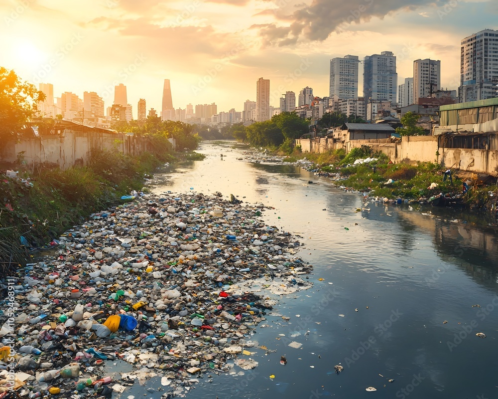 Obraz premium River of Trash Urban Sustainability Struggle Amid Pollution Crisis