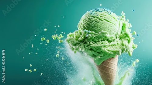 A dynamic presentation of a green ice cream cone, captured mid-explosion with sprinkles and fragments suspended in space for an energetic visual delight. photo