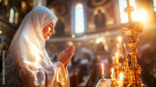 A woman in a white head covering prays inside orthodox russian church. photo