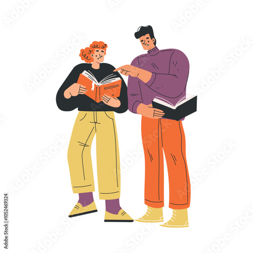 Man and Woman with Book and Interesting Literature Enjoy Hobby Vector Illustration