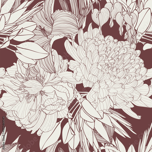 Seamless flowers pattern with line garden flowers and plants. Exotic wallpaper. Trendy summer line print. photo