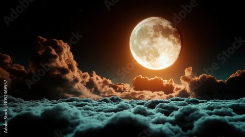 A stunning view of a full moon illuminating a night sky, casting a warm glow on dramatic clouds, creating a serene and ethereal atmosphere perfect for dreaming. photo