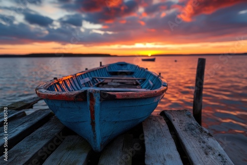 A solitary blue wooden boat rests on a weathered dock against a backdrop of a stunning sunset, with vibrant colors painting the sky and reflecting on the calm water. photo