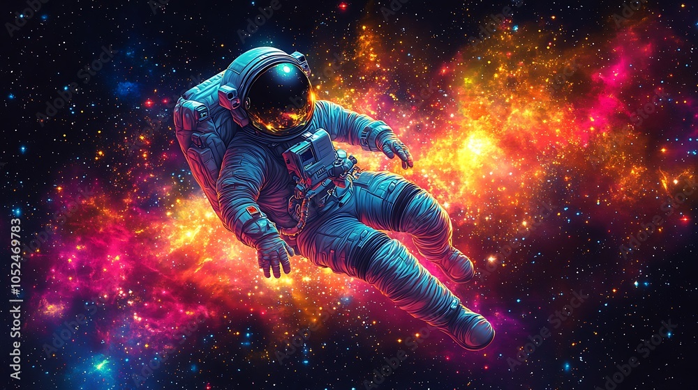 An astronaut floats in space, surrounded by a colorful nebula. An astronaut floats in space, surrounded by a colorful nebula.