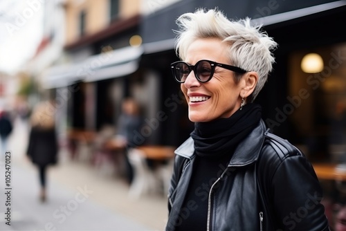 Portrait of a beautiful middle-aged woman with short blonde hair in a black leather jacket walking in the city