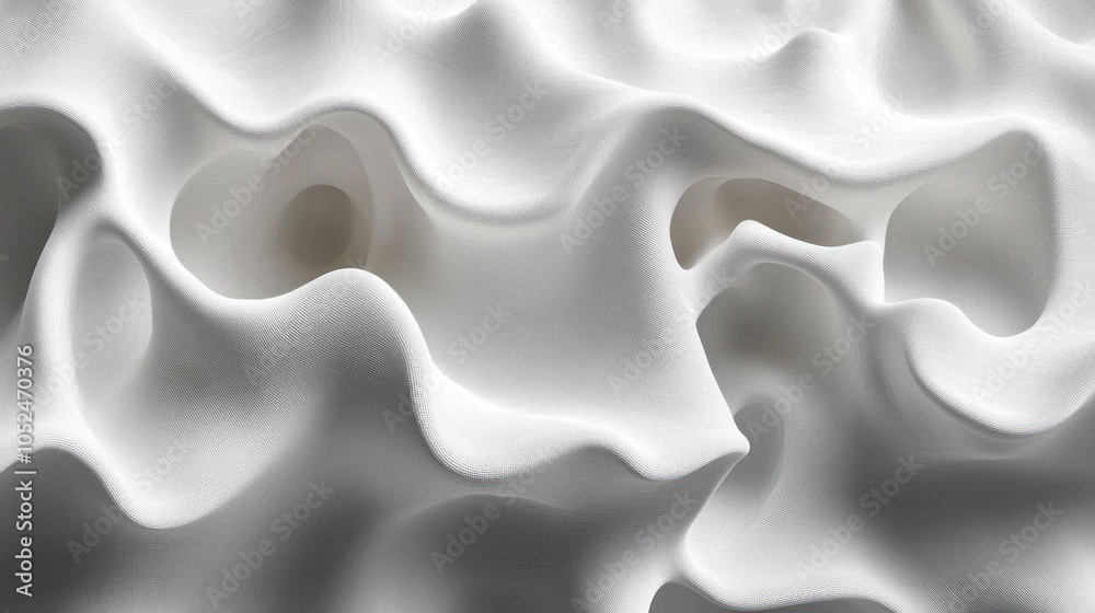 Fototapeta premium Abstract white 3D textured background with smooth wavy surface, holes and shadows.