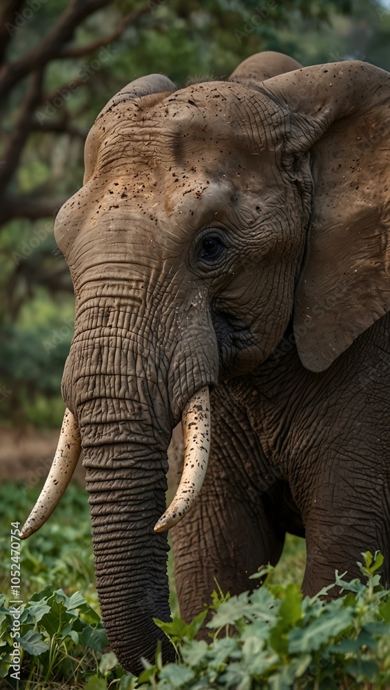 Obraz premium African elephant peacefully eating fresh leaves.