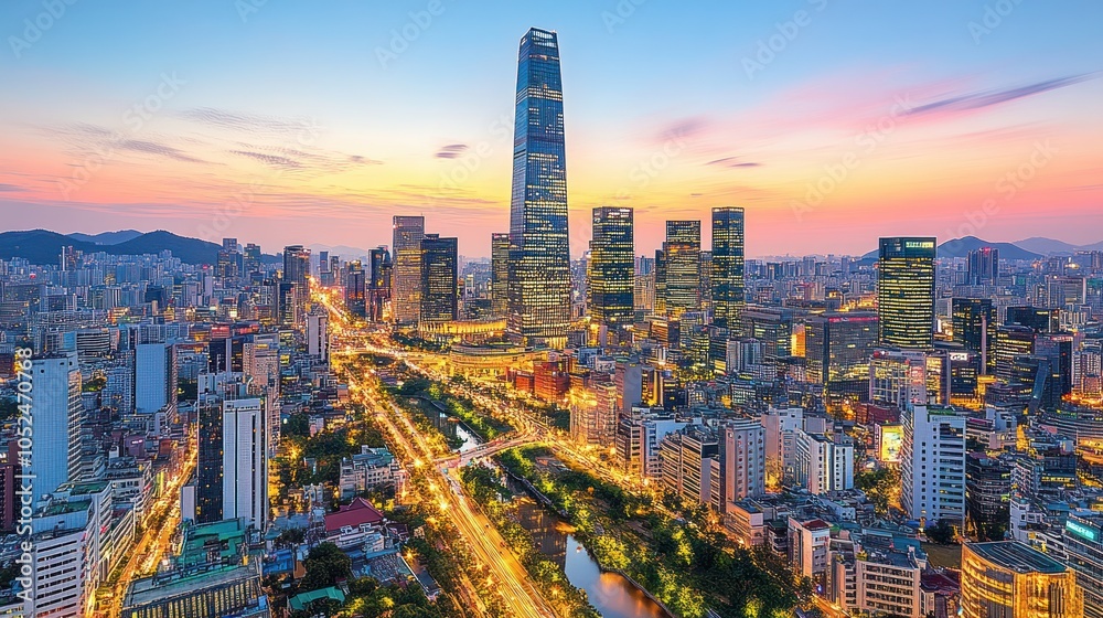 Obraz premium Panoramic view of Beijing's skyline at sunset with skyscrapers and cityscape.