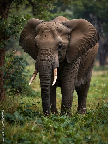 African elephant munching on fresh leaves peacefully.