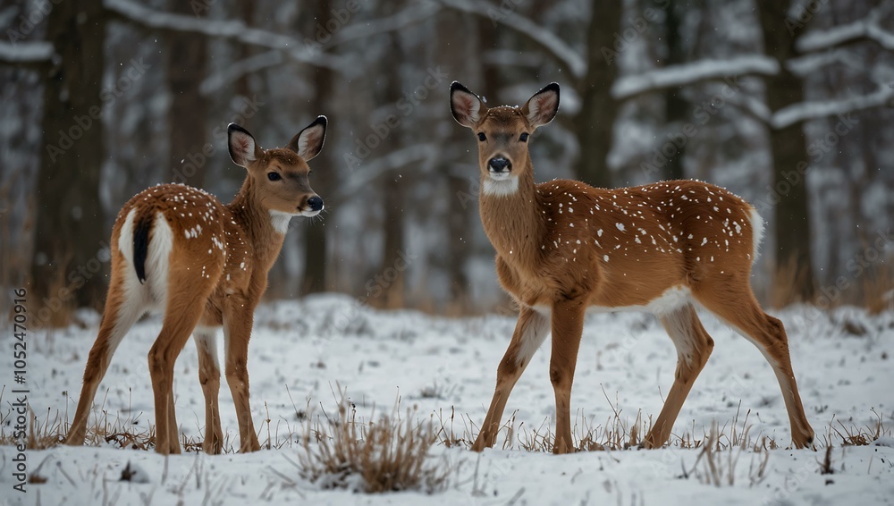Fototapeta premium Alert fawn and doe in snowy surroundings.