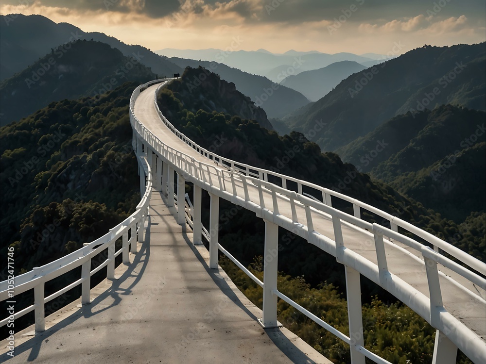 Obraz premium Another view of a curved white bridge leading to mountains.