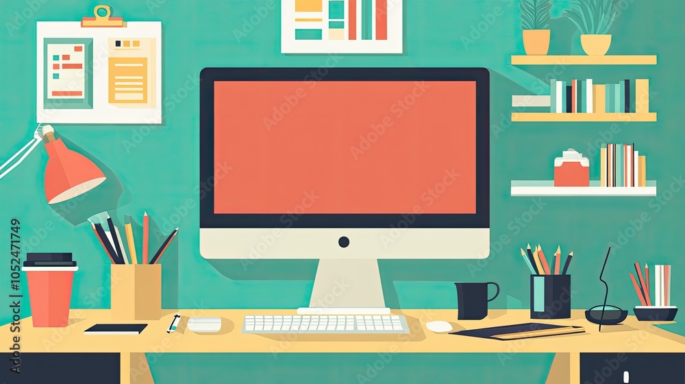 Digital monitor on an organized workspace with graphic design tools, ideal for creative professional setups. Digital monitor on an organized workspace with graphic design tools, ideal for creative professional setups.