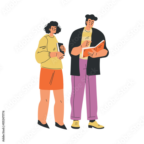 Man and Woman with Book and Interesting Literature Enjoy Hobby Vector Illustration
