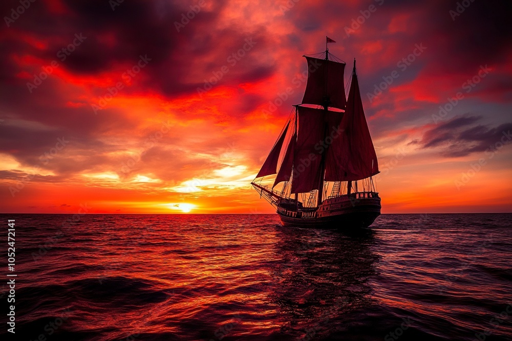 Fototapeta premium Beautiful ocean sunset , with colourful red and orange sky, dark sea and silhouette of ship on the horizon. .generative ai