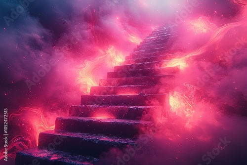 Mystical stairway to heaven through vivid neon clouds and ethereal mist photo