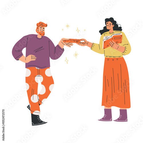 Woman Share with Book and Interesting Literature Enjoy Hobby Vector Illustration
