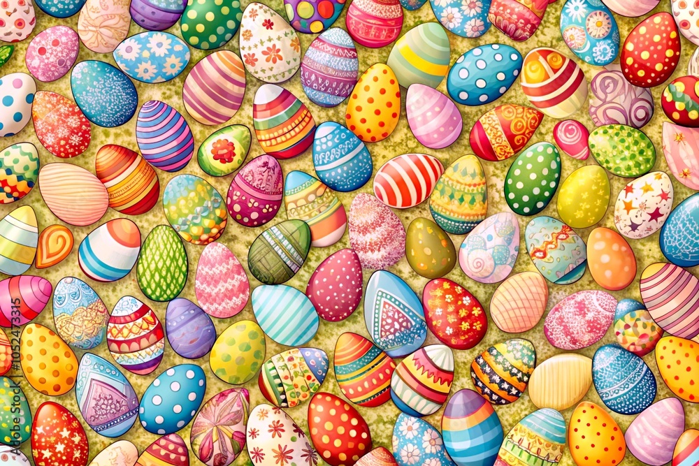 A lot of Easter colorful painted spring eggs