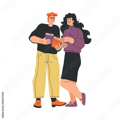 Man and Woman with Book and Interesting Literature Enjoy Hobby Vector Illustration