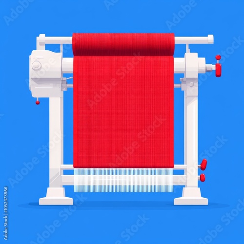 A weaving loom with a red fabric roll, used for textile production. photo