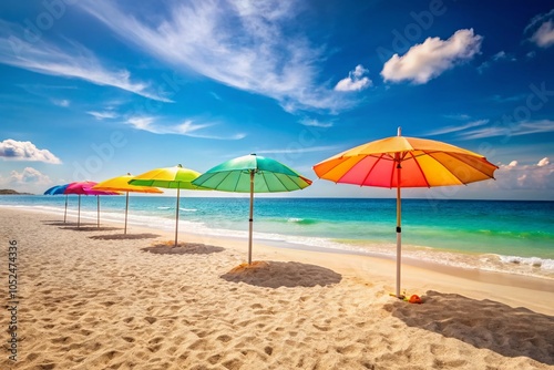 Serene Beach Scene with Colorful Umbrellas and Gentle Waves for Relaxation and Vacation Vibes