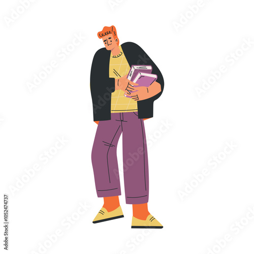 Man with Book and Interesting Literature Enjoy Hobby Vector Illustration