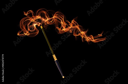 Realistic magic wand and and enchanted fire lights. Multicolored glowing plume of smoke, black abstract tansparent effect. Cartoon sorcery stick isolated. Celebration symbol. Png photo