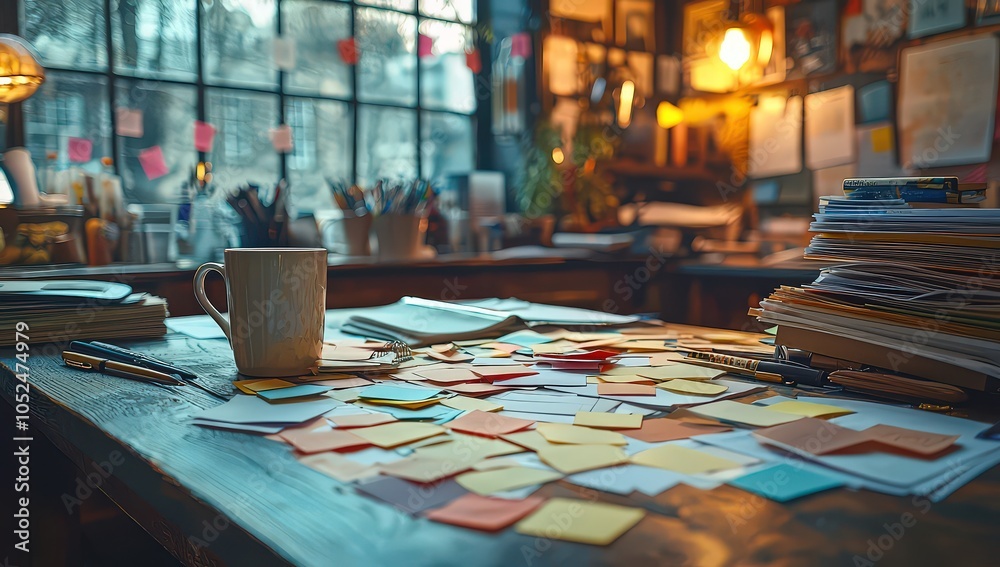 A cluttered office desk with colorful Post-it notes, pens, and paper documents scattered everywhere, and an empty coffee mug on the side. A cluttered office desk with colorful Post-it notes, pens, and paper documents scattered everywhere, and an empty coffee mug on the side.