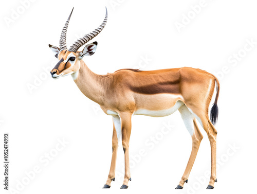 a brown and white animal with horns