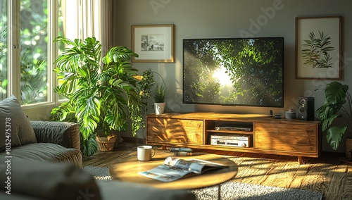 A coffee table with magazines and an empty mug sits in the center of the living room. 