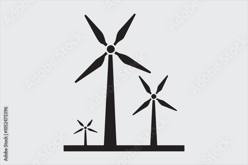 Black and white silhouette of two wind turbines.