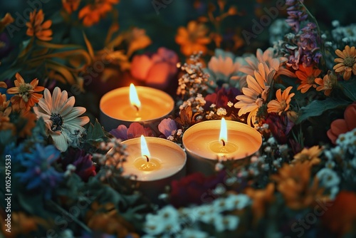 Burning candles for the Day of the Dead surrounded by flowers. Autumn Christian festival. All Saints' Day in Poland, decorations for the cemetery. generative ai