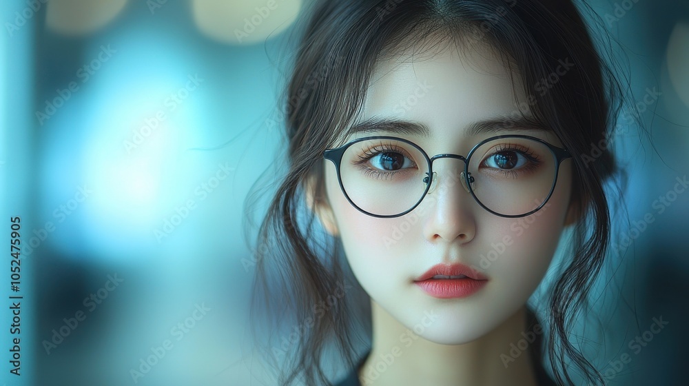 Fototapeta premium A young woman with glasses in a soft-focus background, capturing a serene moment indoors during daylight