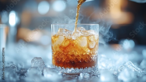 A close-up of a dark alcoholic beverage being poured into a glass filled with ice.