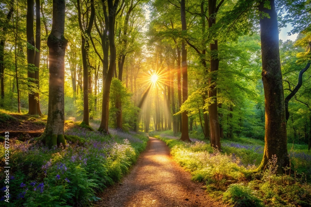 Fototapeta premium Serene Woodland Pathway with Sunlight Streaming Through Foliage for Tranquil Nature Video