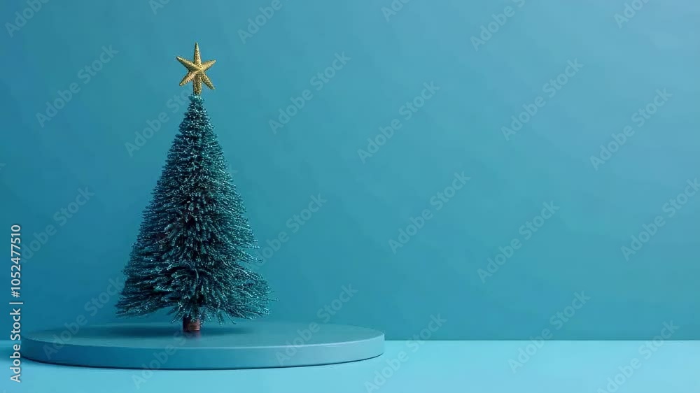 A small Christmas tree with a gold star on top sits on a blue ...