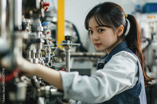 Female engineer operating industrial equipment in modern manufacturing facility photo