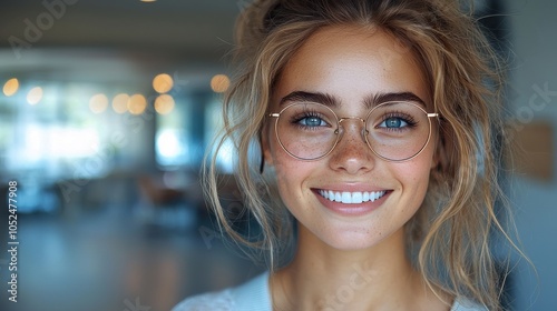 A young woman with glasses smiles brightly in a contemporary indoor setting during daylight hours, exuding warmth and approachability