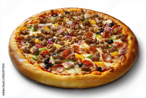 A pizza with a variety of toppings including pepperoni, sausage, and onions