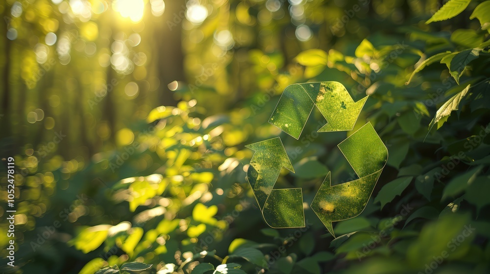 The recycling symbol blended with bright green leaves, emphasizing sustainability against a lush, green background The recycling symbol blended with bright green leaves, emphasizing sustainability against a lush, green background