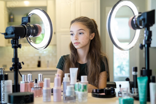 Young beauty influencer filming skincare routine with camera and ring light in modern home studio photo