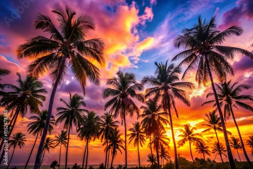 Silhouetted Coconut Trees Against a Vibrant Sunset Sky - Tropical Landscape Photography