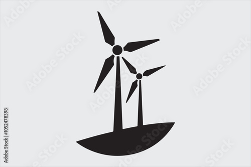 Black and white silhouette of two wind turbines.