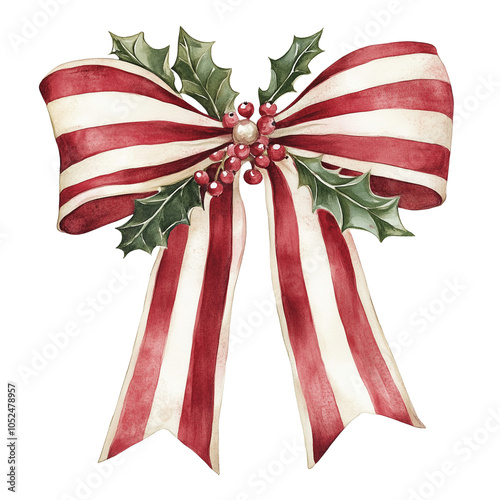 a watercolors painting of a large red and white striped bow, bow is accented with holly leaves and berries. The design gives a cheerful, Christmas-like vibe