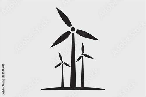 Black and white silhouette of two wind turbines.