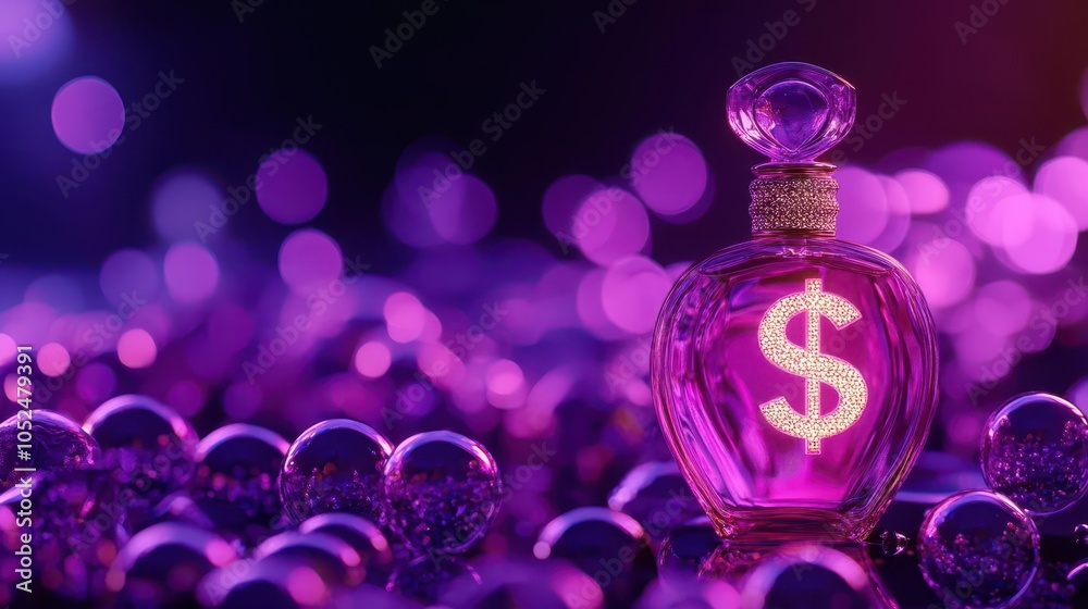 A perfume bottle rests on a vibrant purple background filled with floating bubbles, creating a lively and playful vibe. In the foreground, a glowing dollar sign on a dark surface A perfume bottle rests on a vibrant purple background filled with floating bubbles, creating a lively and playful vibe. In the foreground, a glowing dollar sign on a dark surface