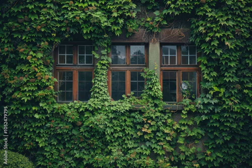 Facade of house overgrown by ivy plant vine. Facade of house overgrown by ivy plant vine.