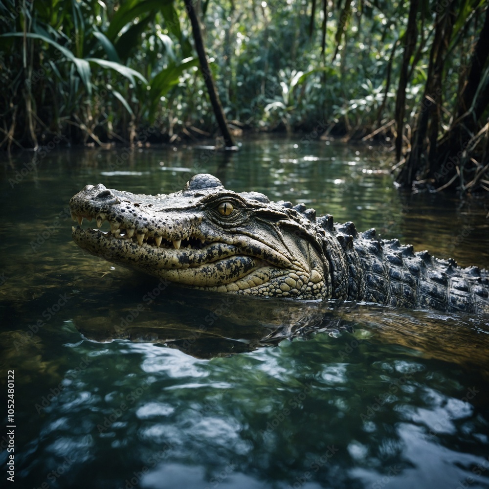 Fototapeta premium A crocodile lurking just beneath the surface of a still jungle river. 