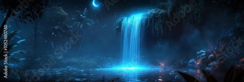 Mesmerizing Glowing Waterfalls in Fantasy Landscape, a serene night scene featuring a magical waterfall illuminating a lush tropical jungle under a crescent moon.