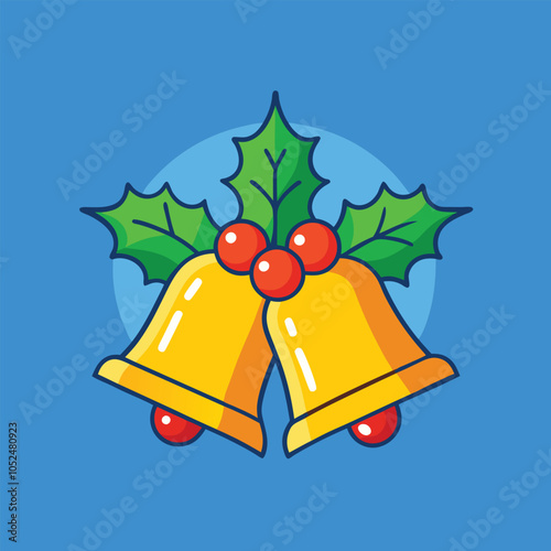 Two gold jingle bells with holly and berries.
