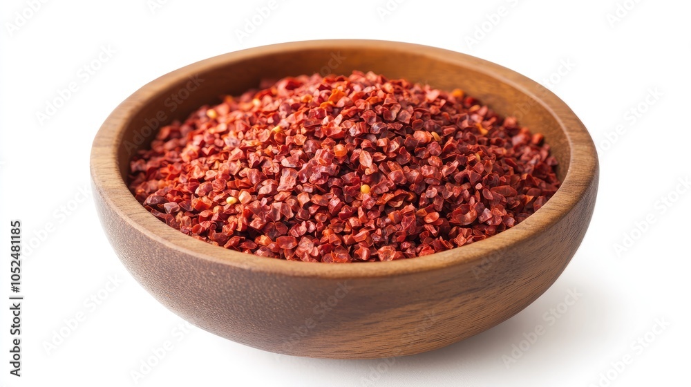 Red pepper flakes. spicy. Red chili peppers in wooden bowl on white background. Red pepper flakes. spicy. Red chili peppers in wooden bowl on white background.